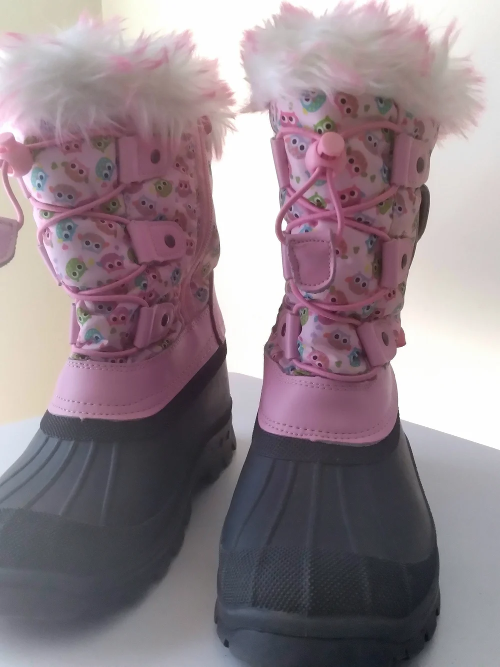 3M Thinsulate Pink Owl Kids WinterSnow Rain Boots with Faux Fur Trim